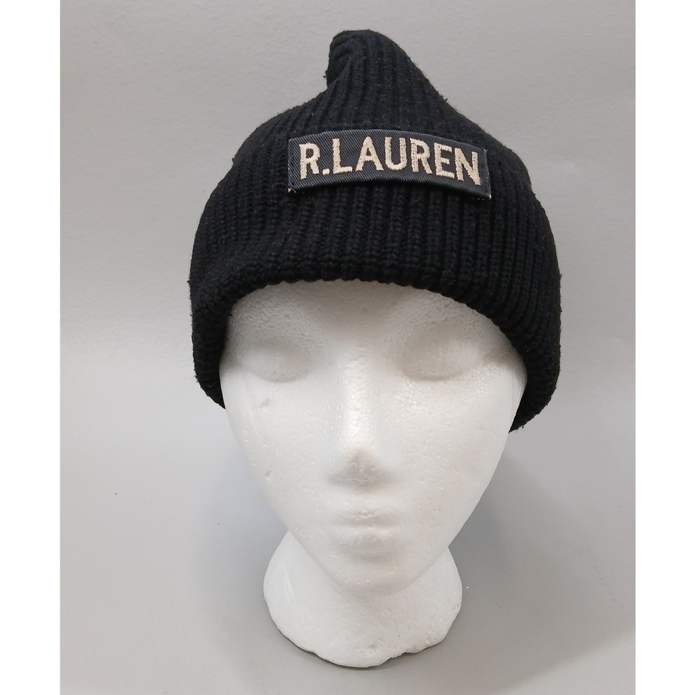 Polo Ralph Lauren Beanie Unisex OS Black R.LAUREN Patch Ribbed Knit Hat - Picture 2 of 7